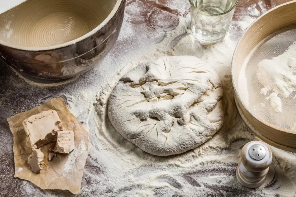 Eine Backszene von oben mit einem Teiglaib, Mehl, einem Mehlsieb, frischer Hefe, einem Glas Wasser und einem Salzstreuer.
