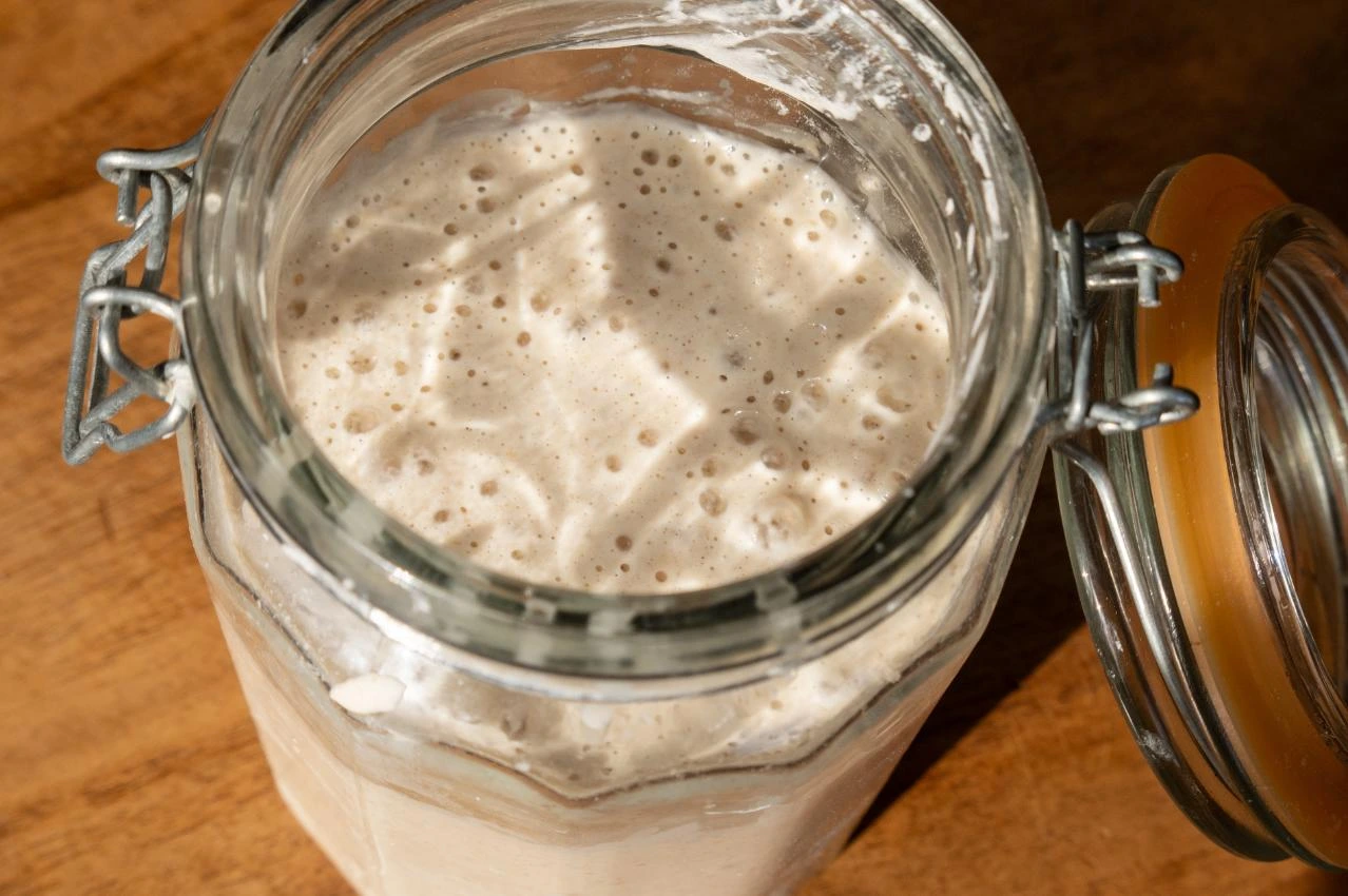 Nahaufnahme aktiver Sauerteig-Starter von oben mit vielen Blasen im Bügelglas, Deckel geöffnet auf Holztisch