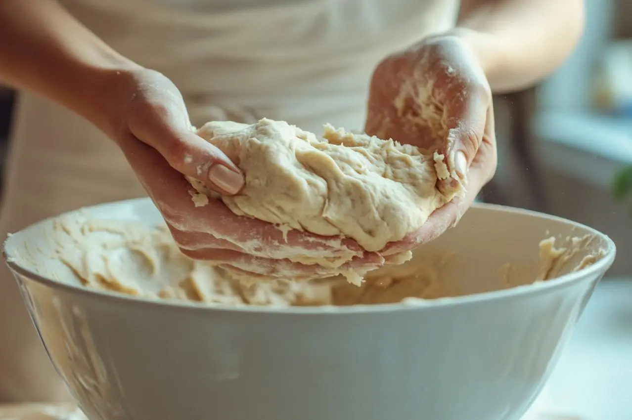 Brotteig klebt an Händen beim Kneten in weißer Schüsse