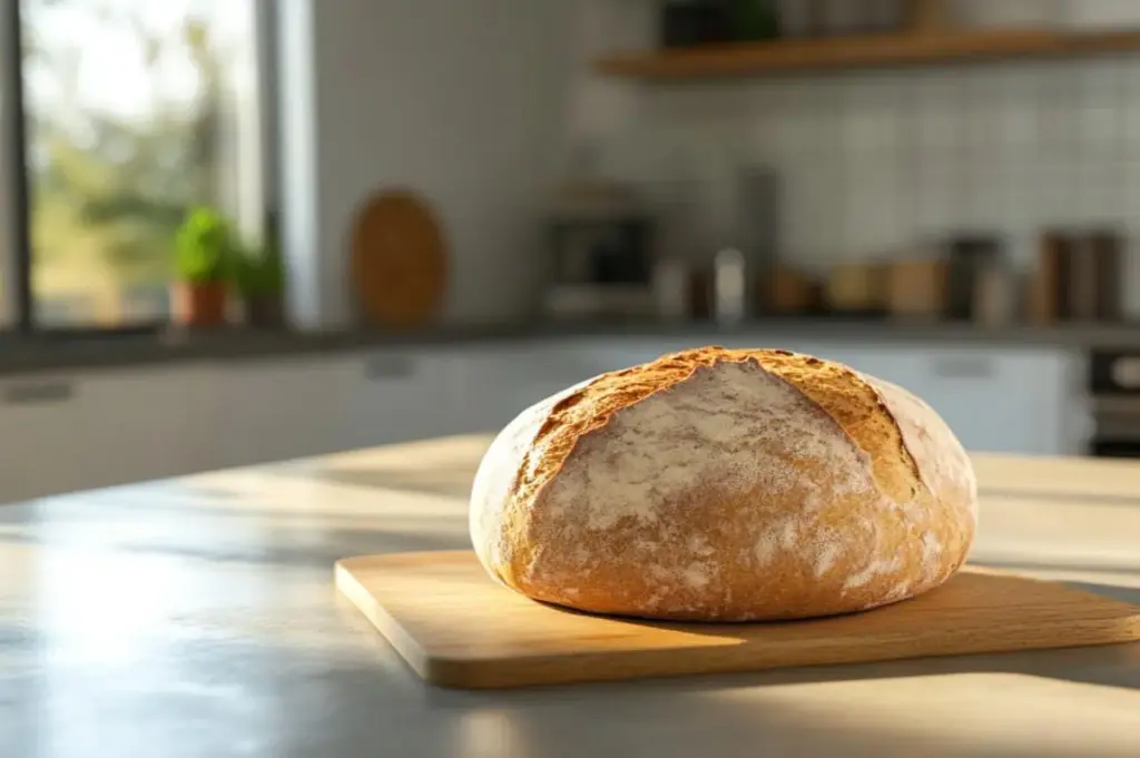 Runder Hefebrot-Laib auf Holzbrett in heller Küche – Brot geht nicht auf: die 10 häufigsten Ursachen