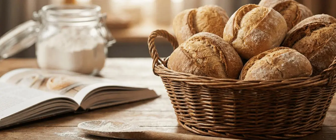 Frisch gebackene Brötchen im Korb neben einem aufgeschlagenen Backbuch und einem Mehlglas