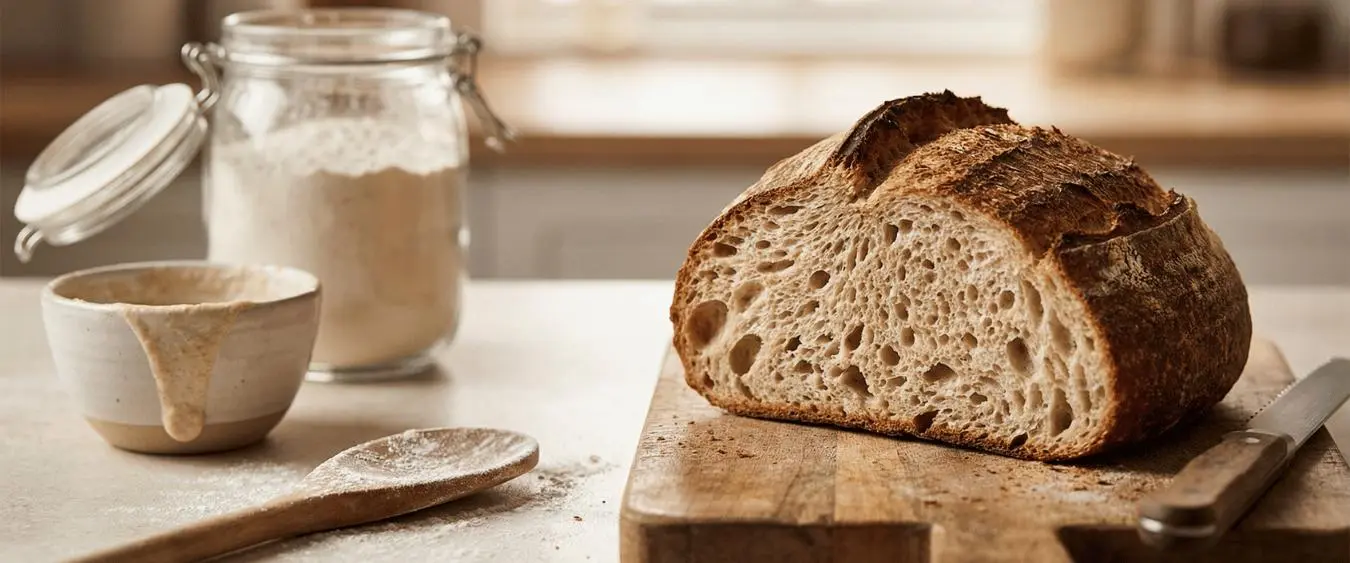 Angeschnittenes Brot mit sichtbarer Krume auf einem Holzbrett