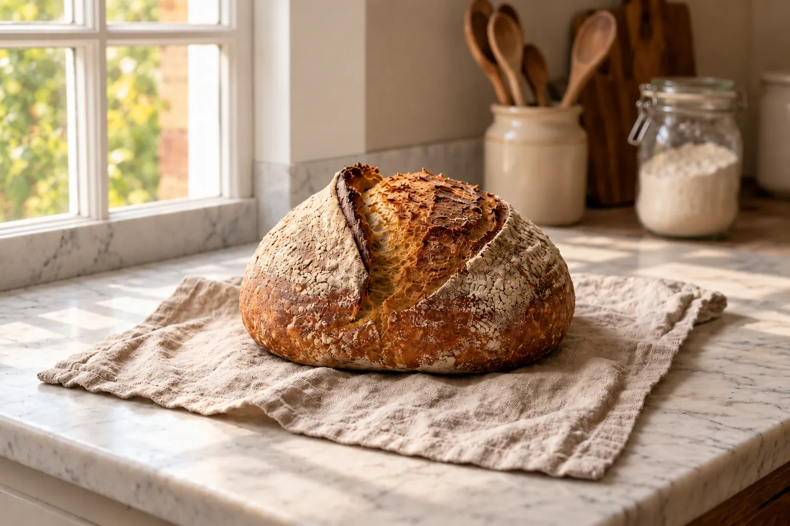 Rundes Brot mit kräftiger, eingeschnittener Kruste auf einem Leinentuch