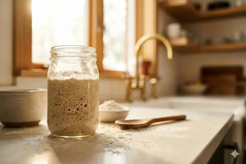Aktiver Sauerteig-Starter mit Blasen im Einmachglas auf heller Küchenarbeitsplatte, Mehlschale und Holzlöffel im Hintergrund