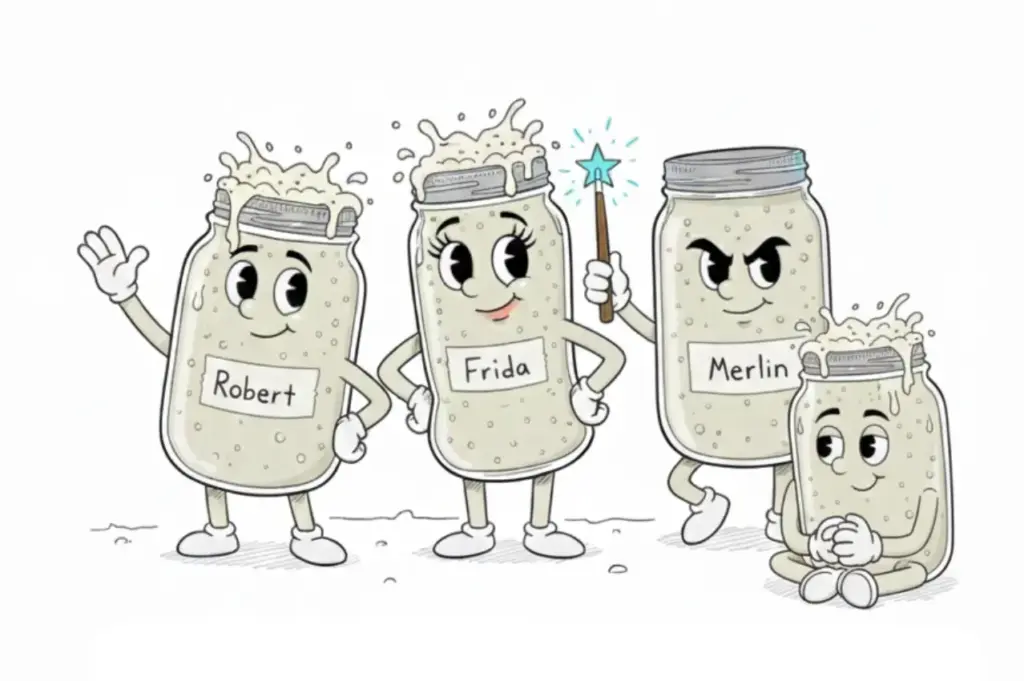 Vier Sauerteig Starter mit Namen Robert Frida Merlin Friedrich stellen sich vor