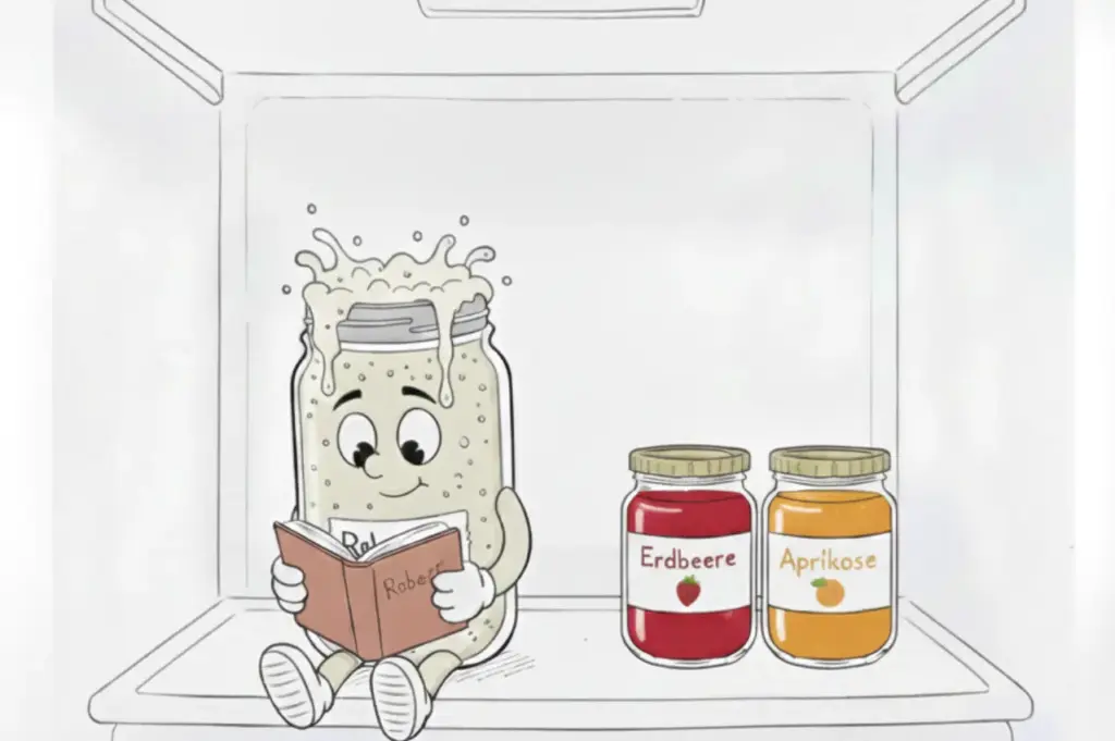 Sauerteig Starter Robert liest Buch im Kühlschrank neben Erdbeer- und Aprikosenmarmelade