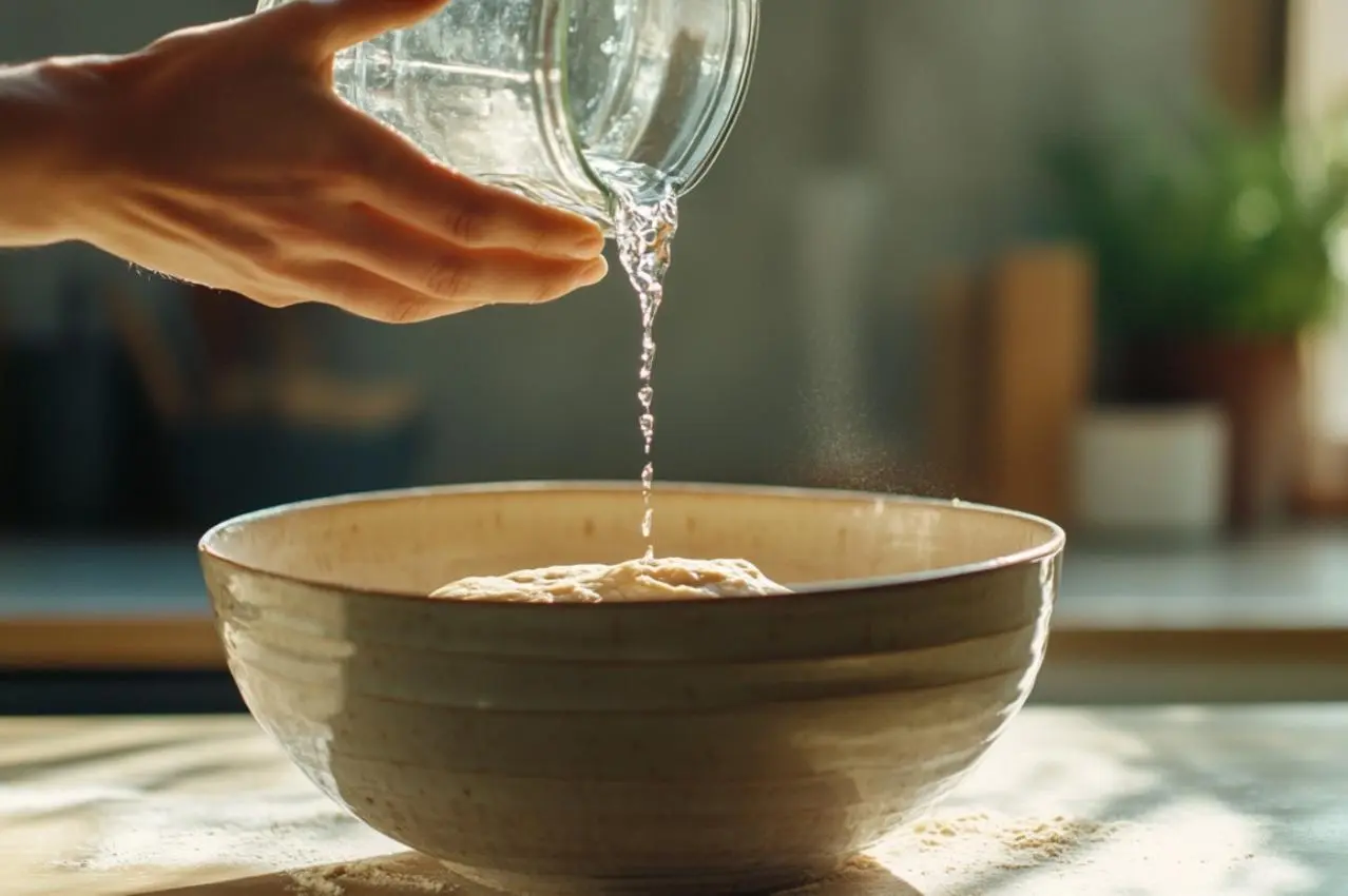Wasser wird aus Glas in Schüssel mit Brotteig gegossen um Teigausbeute und Hydration anzupassen