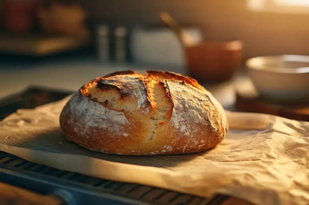 Frisch gebackenes Sauerteigbrot auf Backpapier – Sauerteigbrot geht nicht auf, was tun?
