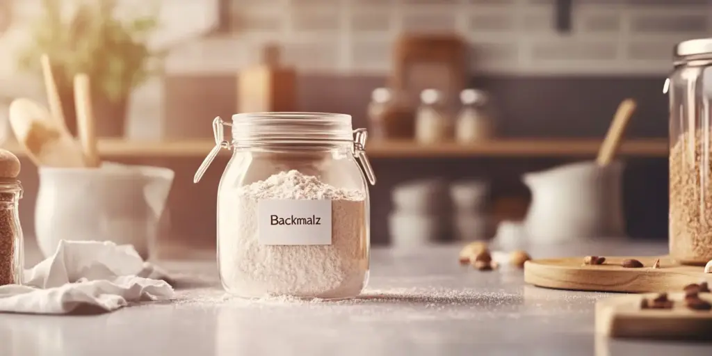 Glasgefäß mit Backmalz-Pulver und handgeschriebenem Etikett auf heller Küchenarbeitsfläche, Holzlöffel und Gläser im Hintergrund