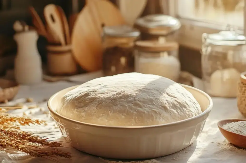 Aufgegangener Teig beim Brotbacken mit Urgetreide in einer Keramikschüssel