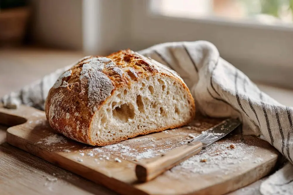 Brotfehler erkennen: Aufgeschnittenes Brot mit großen Löchern in der Krume auf einem Holzbrett