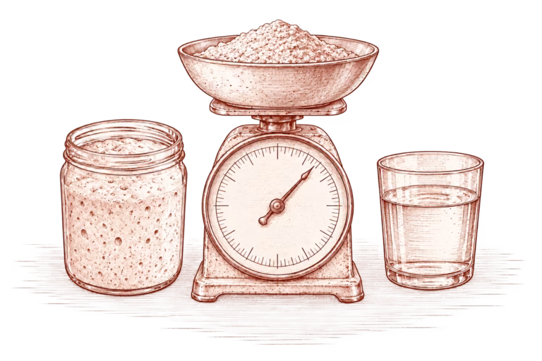 sauerteig fuettern waage mehl wasser illustration