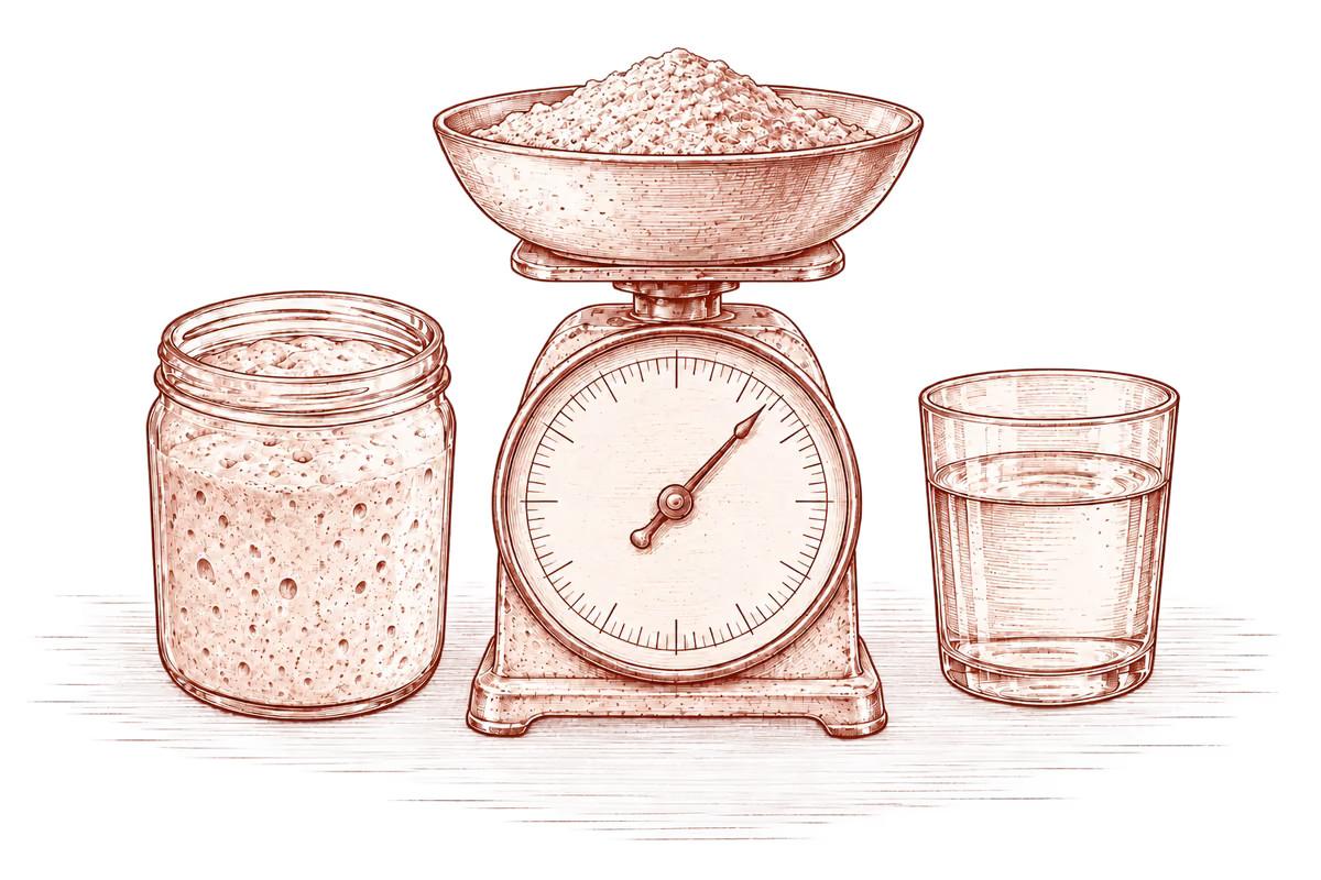 Sauerteig füttern: Zeichnung einer Küchenwaage mit einer Schale Roggenmehl, daneben ein Glas Anstellgut und ein Glas Wasser