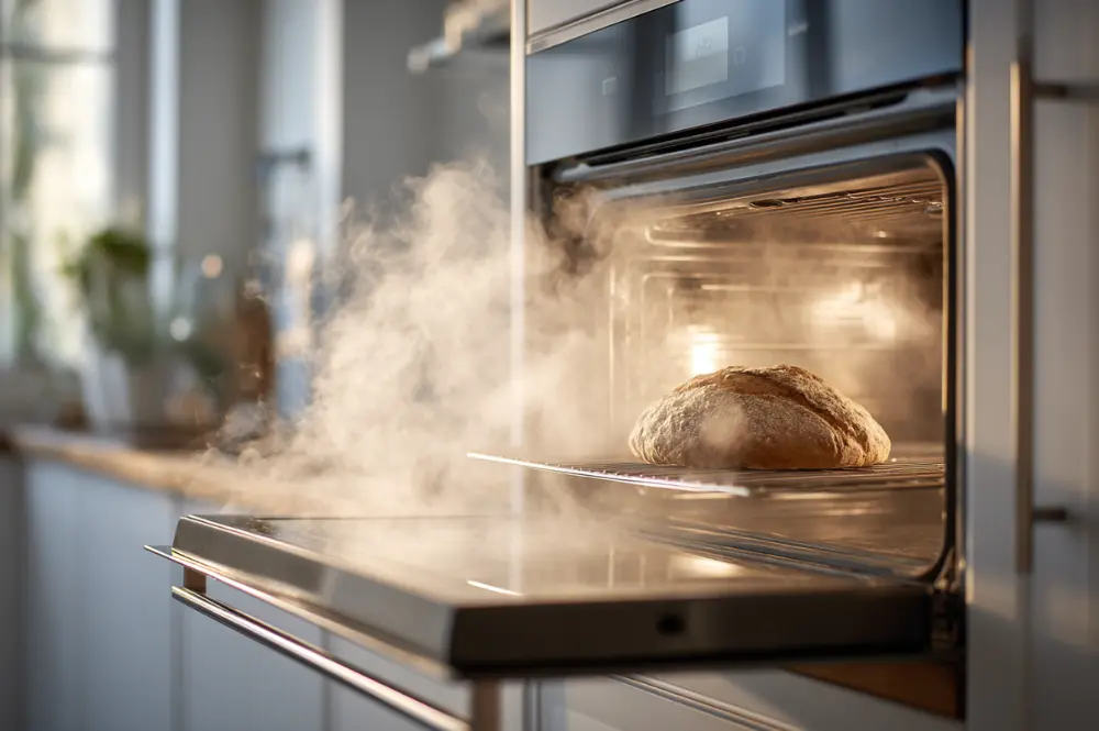 Schwaden beim Brotbacken: Dampf strömt aus einem geöffneten Backofen, in dem ein frisch gebackenes Brot mit goldbrauner Kruste liegt