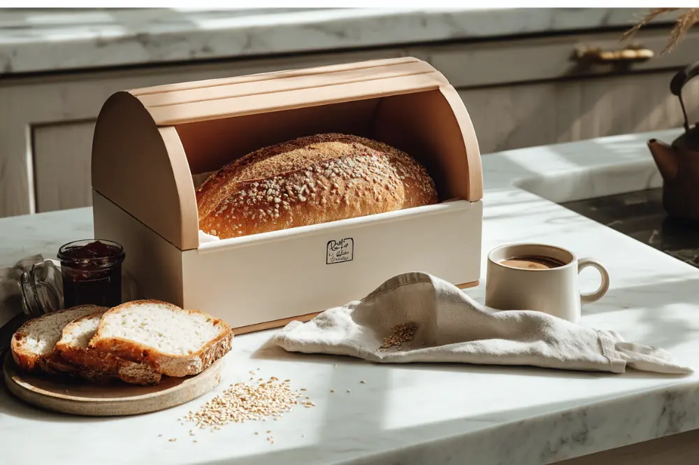 Brot aufbewahren im Brotkasten aus Holz – ein frischer Laib liegt im geöffneten Brotkasten auf einer Küchenarbeitsplatte