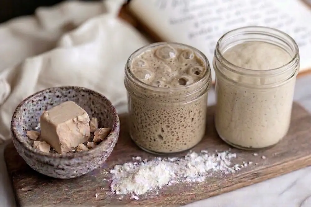 Hefe durch Sauerteig ersetzen — Frischhefe, Anstellgut und Lievito Madre nebeneinander auf einem Holzbrett