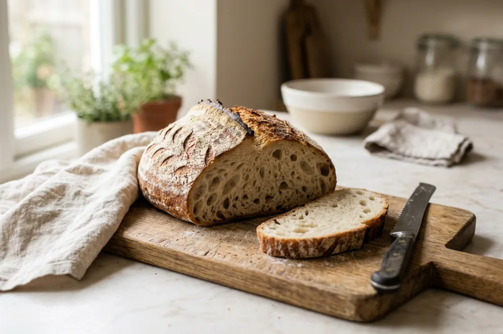 Aufgeschnittenes Sauerteigbrot mit feiner, gleichmäßiger Krume nach Autolyse