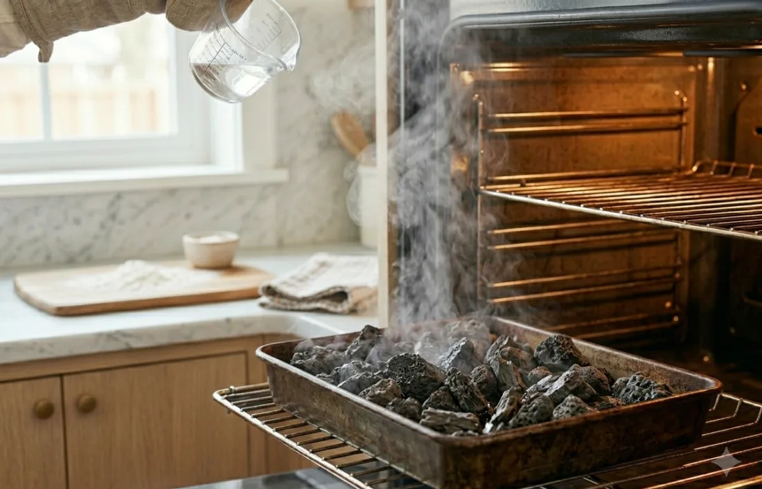 Lavasteine zum Brot backen in einer Pfanne im Backofen, die heißes Wasser in Dampf verwandeln