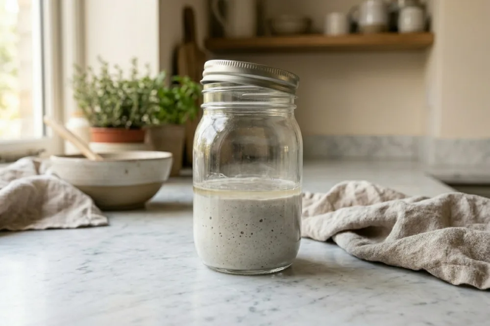 Sauerteig aufbewahren: müder, grauer Starter mit Fusel-Schicht im Glas nach dem Urlaub, vor der Reaktivierung