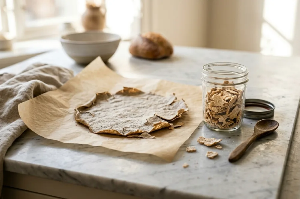 Sauerteig aufbewahren durch Trocknen: dünn auf Backpapier gestrichener Starter neben getrockneten Krümeln im Glas