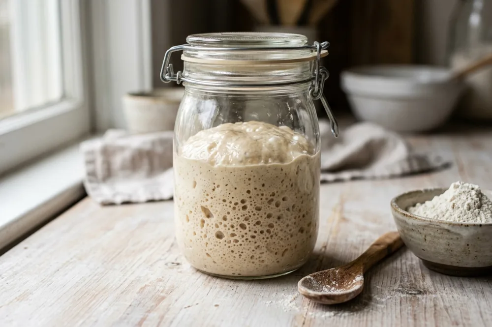 Reifer Sauerteig-Vorteig im Glas, blasig aufgegangen mit gewölbter Kuppel, backbereit