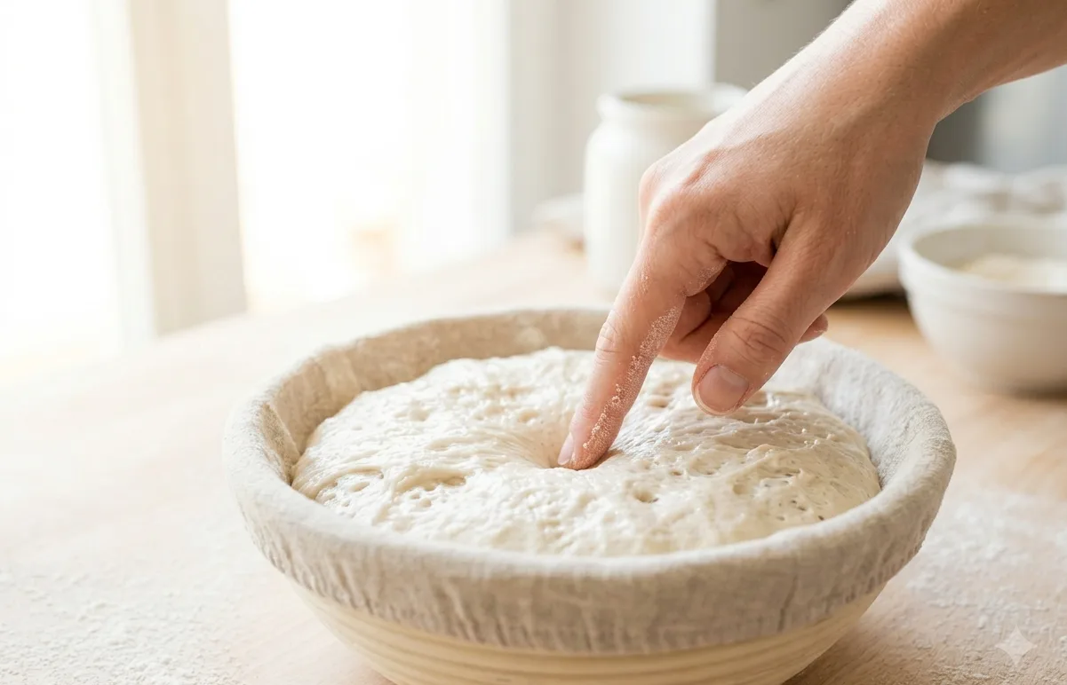 Fingertest bei Übergare – die Delle im Sauerteigteig bleibt stehen