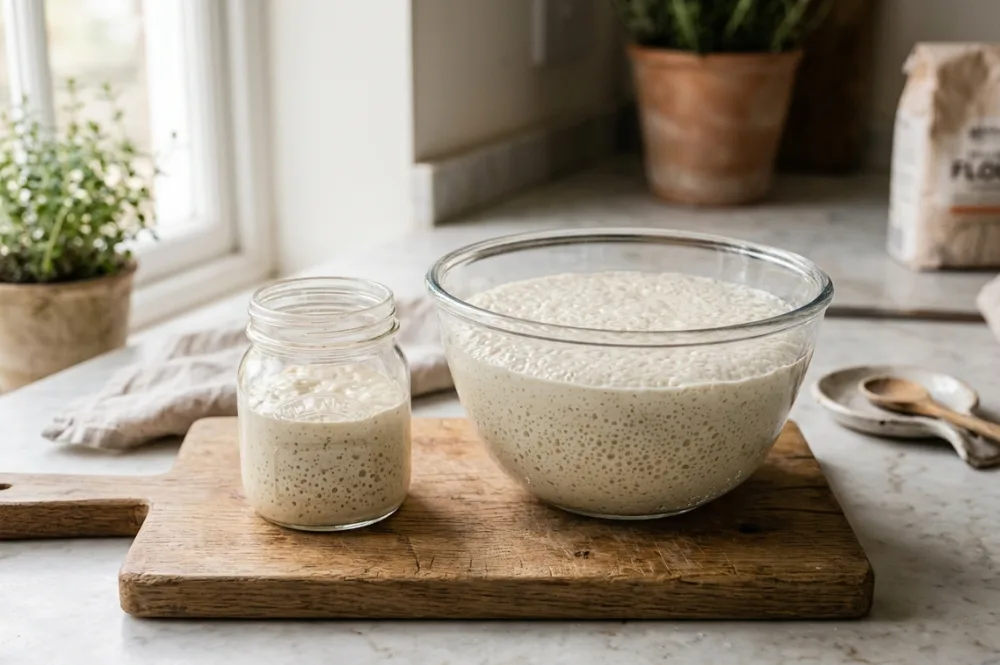 Anstellgut und Vorteig im Vergleich: kleines Starterglas neben einer größeren Schüssel mit blasigem Vorteig