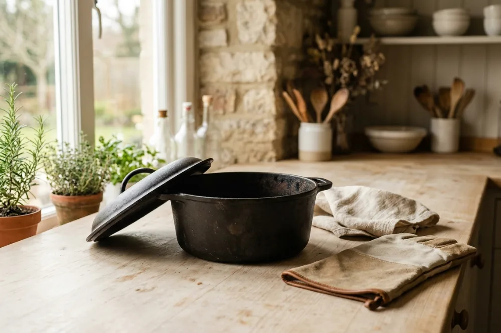 Gusseiserner Brotbacktopf mit Deckel zum Brot im Topf backen, daneben Ofenhandschuhe