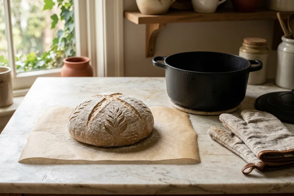 Eingeschnittener Brotteig auf Backpapier neben dem heißen Topf, bereit zum Brot im Topf backen