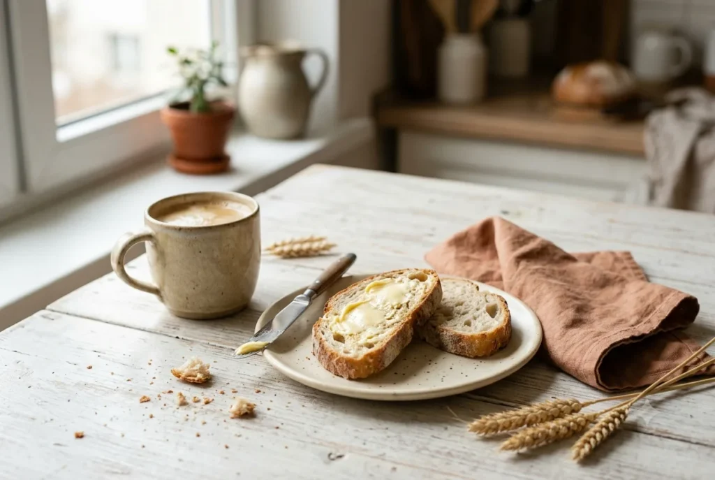 Zwei Scheiben Sauerteigbrot mit Butter auf einem Teller, daneben eine Tasse Kaffee, eine Leinenserviette und Weizenähren am Fenster