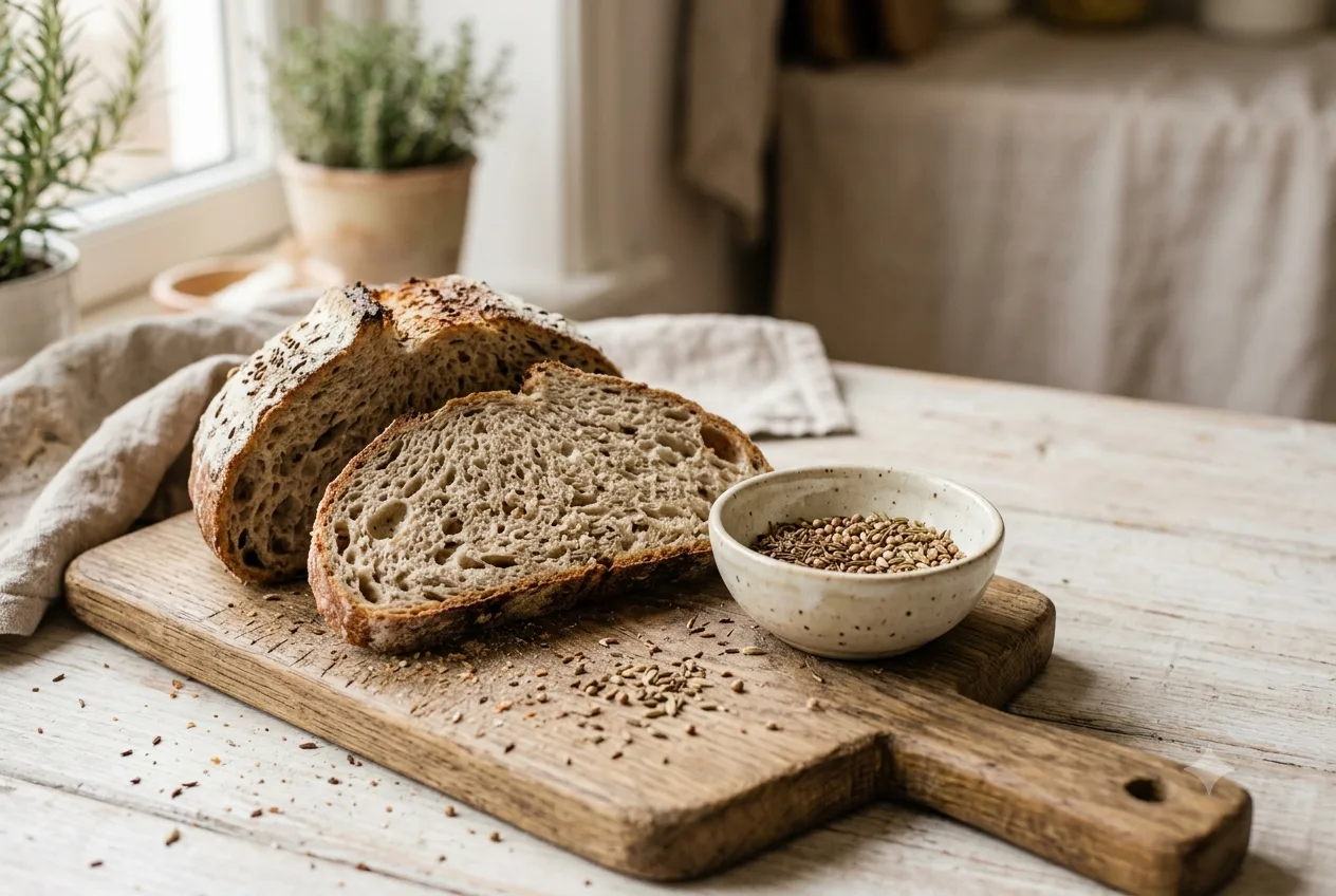 Angeschnittenes rustikales Brot mit sichtbaren Gewürzsaaten auf einem Holzbrett, daneben eine kleine Schale mit ganzem Kümmel und Koriander