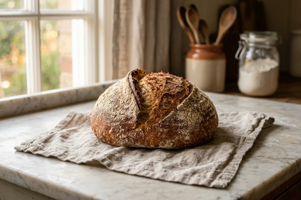 Fertig gebackenes rustikales Brot mit glatter, goldener Kruste als Ergebnis