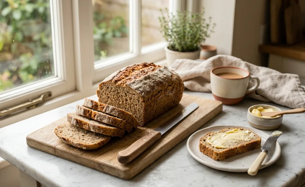 Fertig gebackenes Dinkelbrot aus der Kastenform, angeschnitten