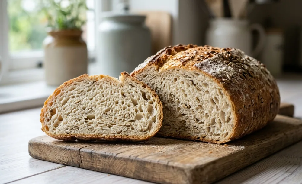 Saftige goldgelbe Krume von selbst gebackenem Dinkelbrot