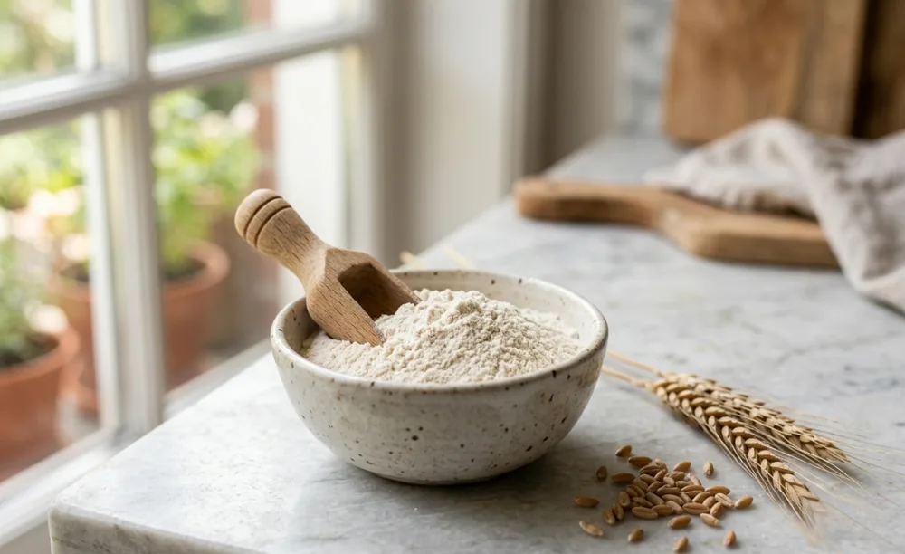 Helles Dinkelmehl Type 630 mit Dinkelkörnern zum Dinkelbrot backen