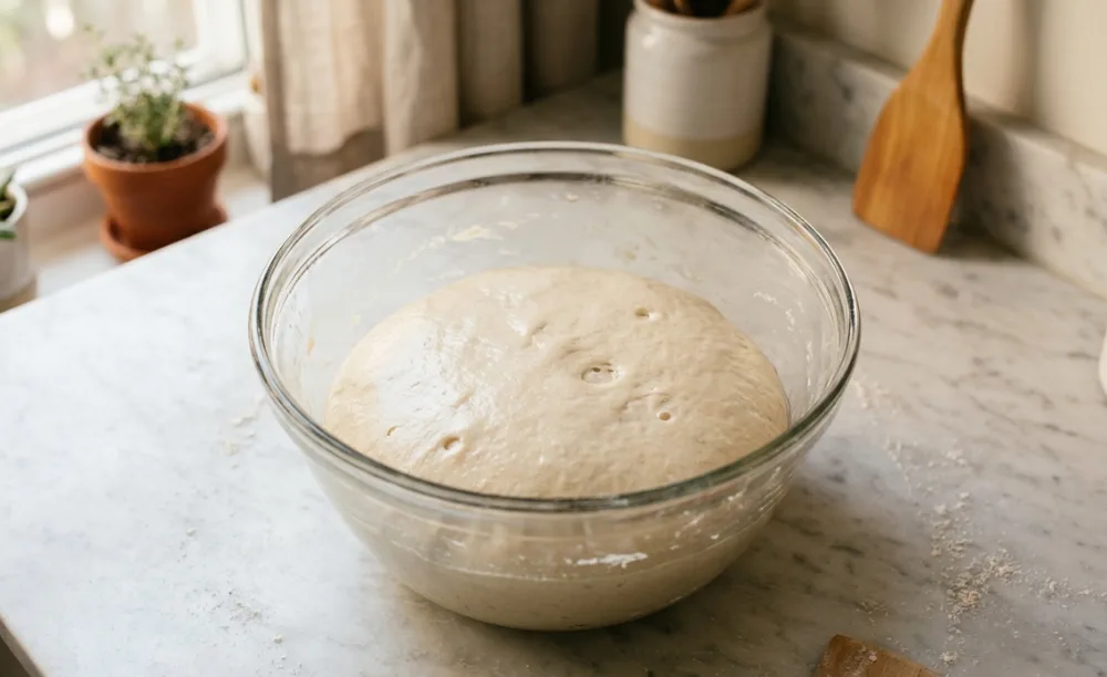 Weicher, samtiger Dinkelteig in der Schüssel beim Dinkelbrot backen