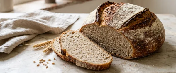 Aufgeschnittenes rundes Brot mit goldbrauner, knuspriger Kruste und lockerer Krume auf hellem Marmor, daneben ein Leinentuch und Weizenähren