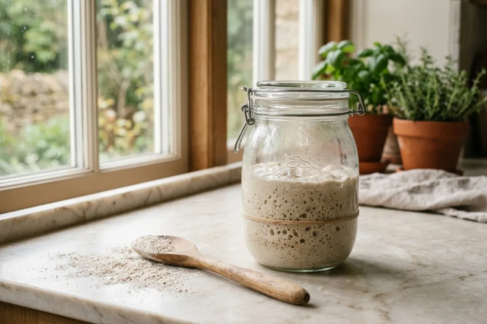 So sieht gesunder Sauerteig aus: aktiver Starter mit Blasen und Gummiband-Markierung am Glas
