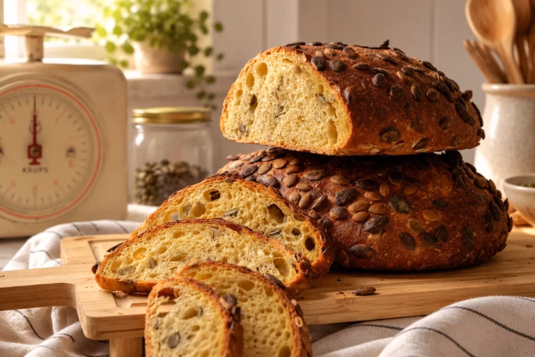 kuerbisbrot mit sauerteig laibe angeschnitten kueche
