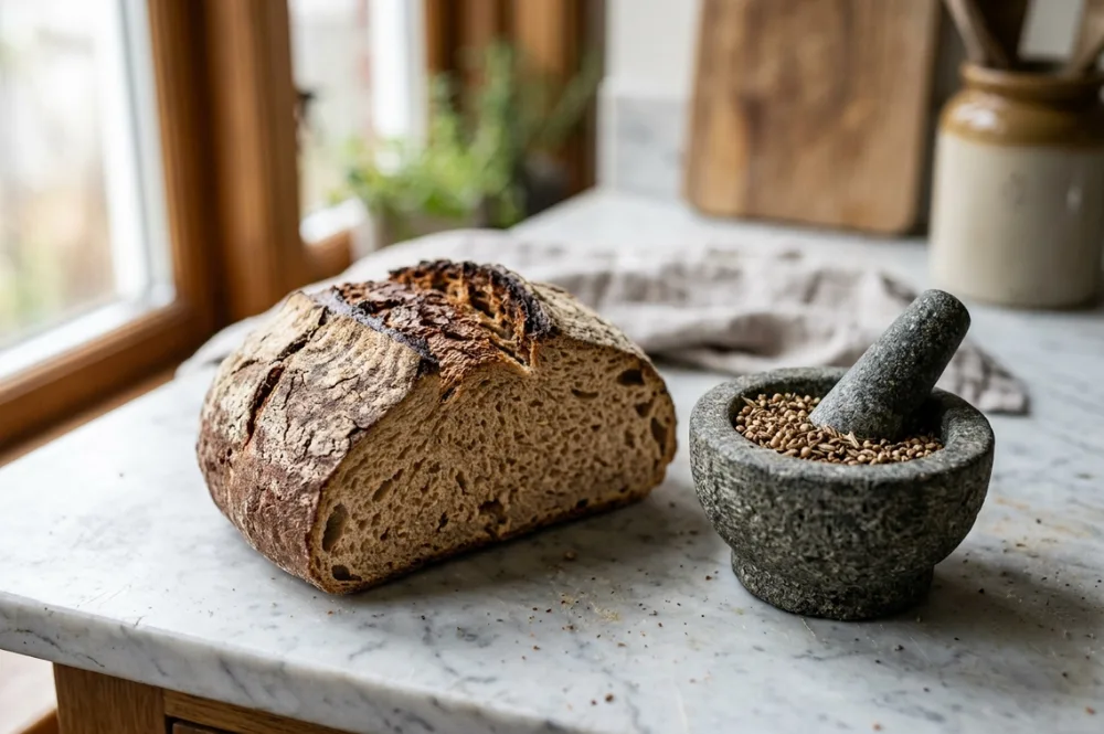 Angeschnittenes rustikales Roggenmischbrot neben einem Mörser mit Brotgewürz
