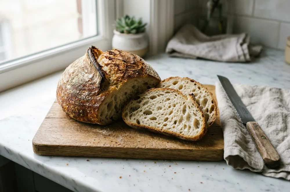 Ein gelungenes Sauerteigbrot mit offener Krume als Belohnung für einen gesunden, gut riechenden Starter