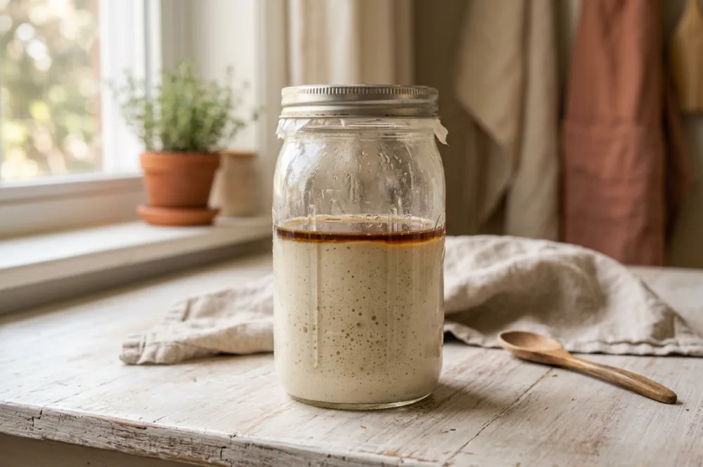 Sauerteig riecht nach Alkohol: dunkle Hooch-Schicht (Fusel) oben auf dem Starter