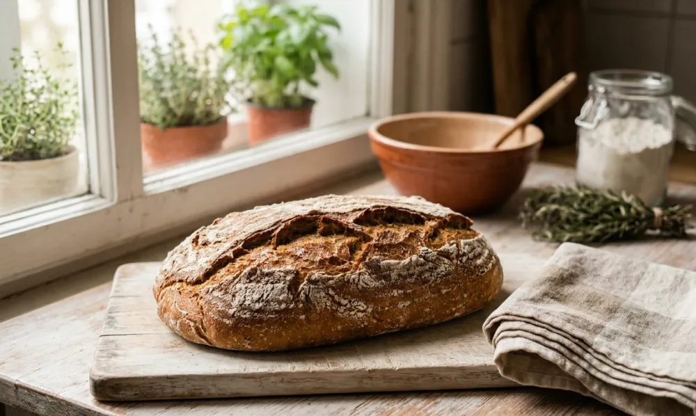 Rustikales Roggenbrot aus Sauerteig mit bemehlter Kruste