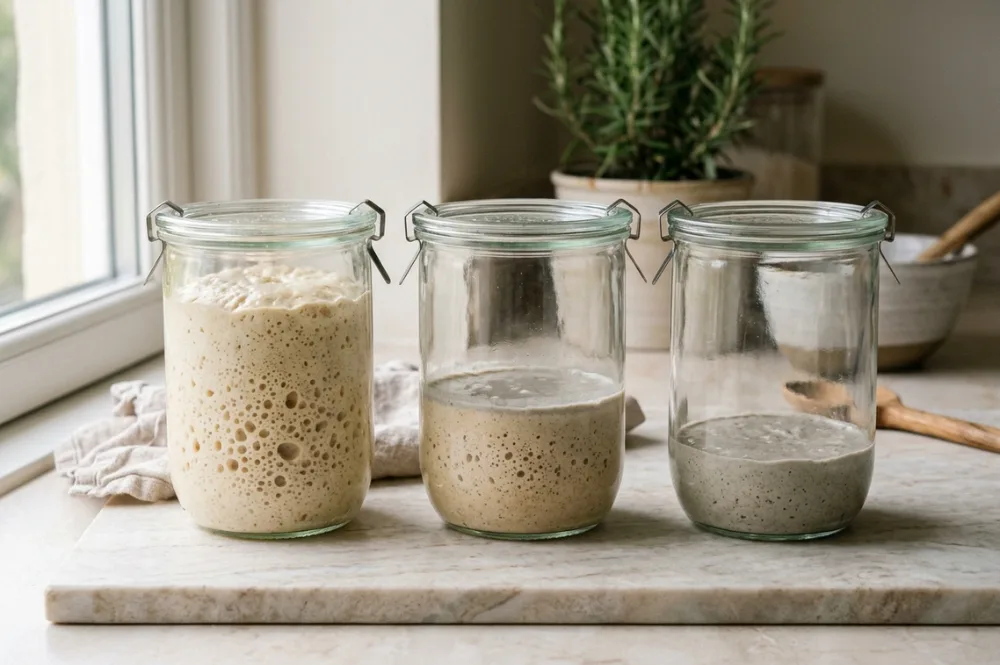 Sauerteig füttern, Anstellgut satt, hungrig und in Not im direkten Vergleich