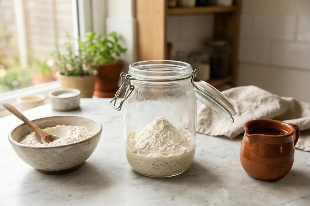 Sauerteig füttern gegen den Aceton-Geruch: frisches Mehl und Wasser kommen zum Starter