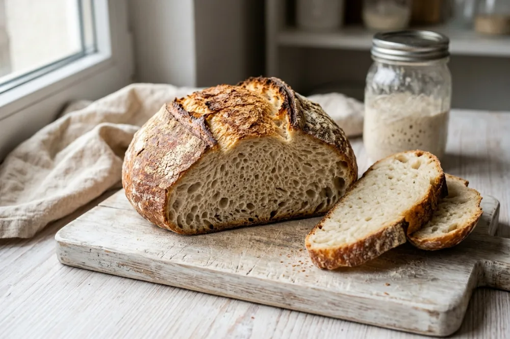 Was ist Anstellgut: fertiges Sauerteigbrot aus dem eigenen Anstellgut, aufgeschnitten mit offener Krume