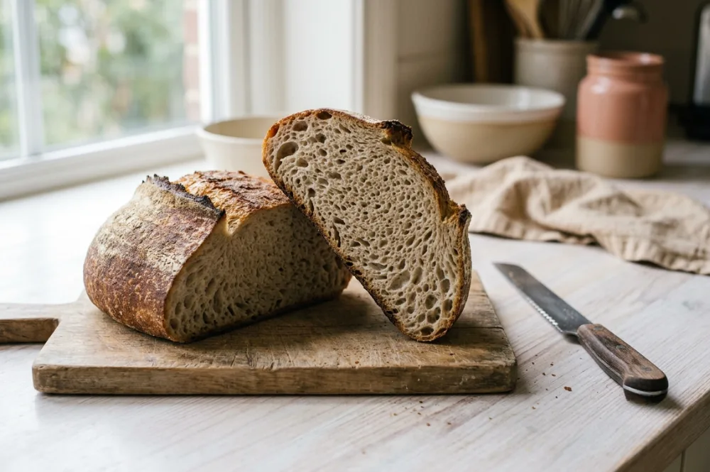 Angeschnittenes selbstgebackenes Brot aufbewahren, Schnittkante mit offener Krume