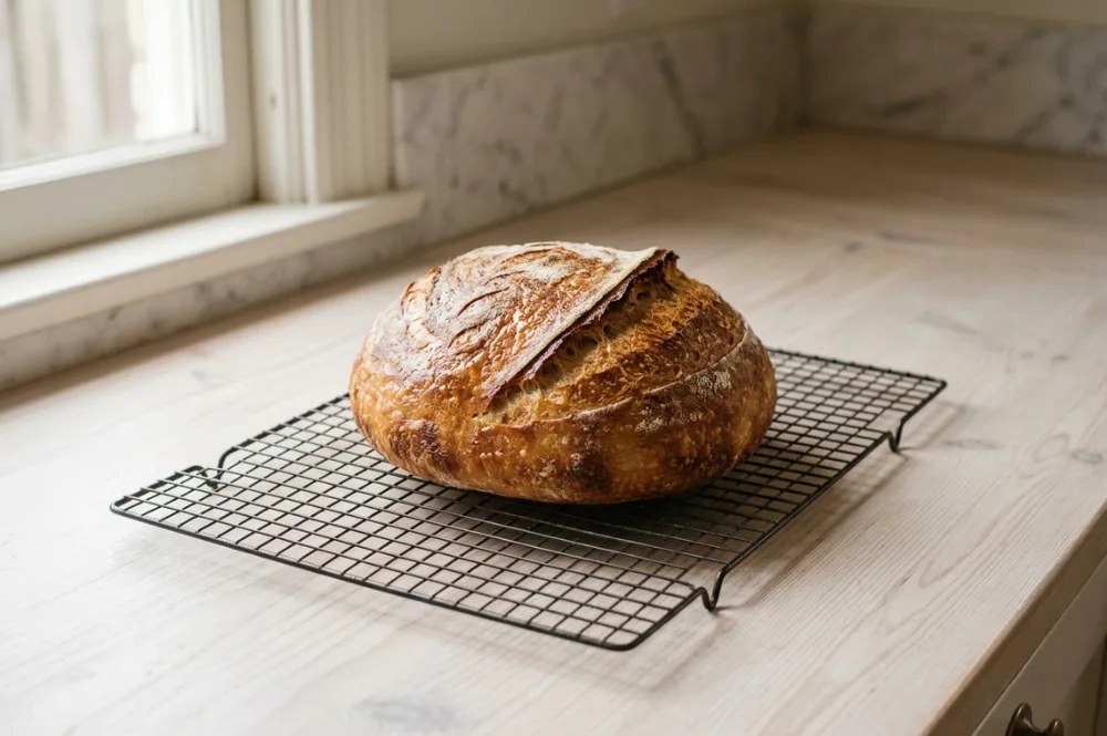 Selbstgebackenes Brot aufbewahren, frischer Laib kühlt auf einem Gitterrost aus