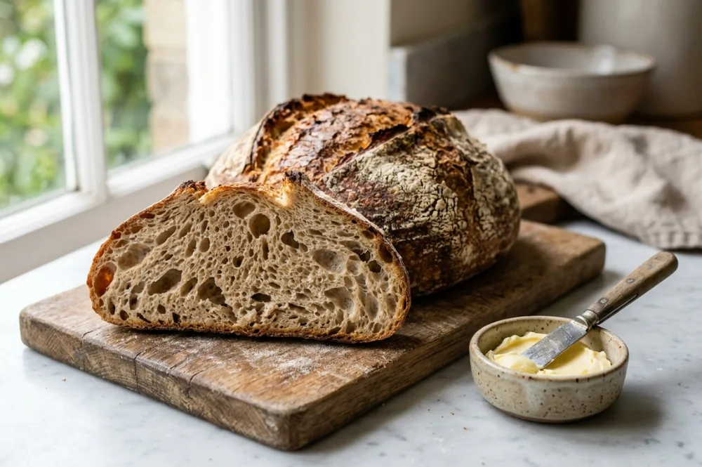 Selbstgebackenes Brot aufbewahren, aufgeschnittener Laib mit saftiger Krume und knuspriger Kruste