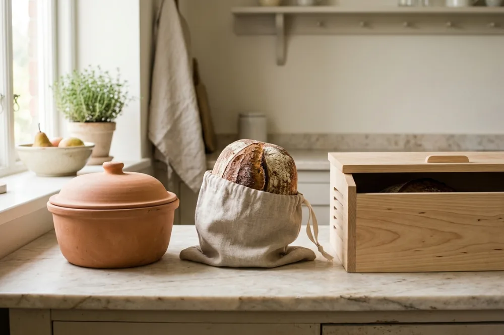 Selbstgebackenes Brot aufbewahren im Tontopf, Leinenbeutel oder Brotkasten aus Holz